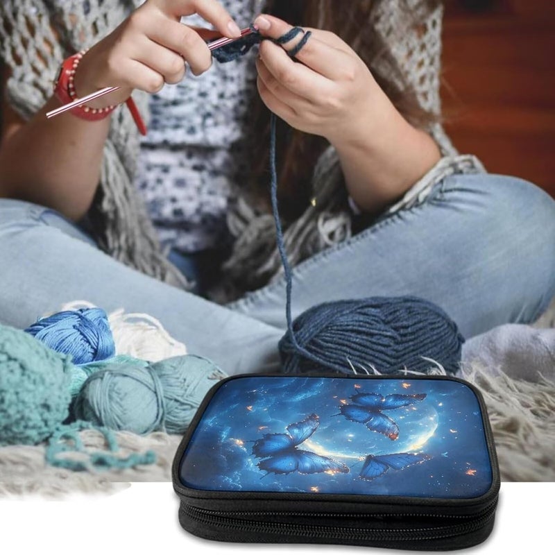 Xsehusvy Butterfly Moon Small Crochet Hook Case Portable Fabric Travel Storage Bag Lightweight Knitting Storage Bag with Web Pockets Waterproof Knitting Bag for Airport Park Office - Image 2